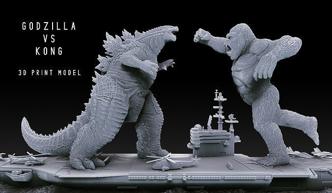 godzilla vs kong diorama monsterverse monster skull island 2021 animal head gojira ghidorah mechagodzilla fantasy fictional creature king aircraft carrier toy art sculptures 3D print model - Mito3D