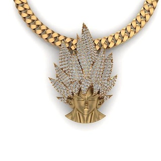 goku head pendant icedout jewelry gold necklace chain hiphop diamonds sculpture hair cuban links satin brush 3d print model - Mito3D