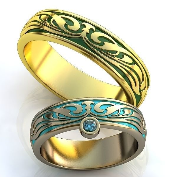 de oro anillos metal la joyería boda los accesorio blanco verde azul patrón 3D print model - Mito3D