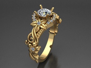 ouro anel joalheria flor folha luxo casamento imprimível noiva argolas cravação pedras preciosas joias diamante prata jóias noivado 3d print model - Mito3D