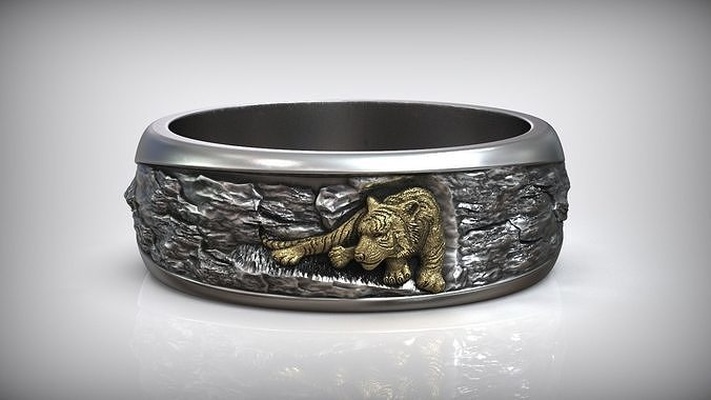 oro tigre oxidado plata boda banda anillo embutido salvaje año of naturaleza joyería joya cnc molienda stl robar j3ds diseño personalizado anillos 3d print model - Mito3D