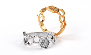 golden bee honeycomb ring diamonds gold jewelry cad honey silver fashion gem beauty printable prototyping rings 3d print model - Mito3D