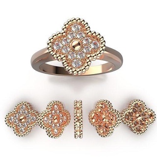 golden leaf jewelry set ring pendant necklace earrings bracelet alhambra gold magic silver stones gems vintage stud diamond quality small light platina 3d print model - Mito3D