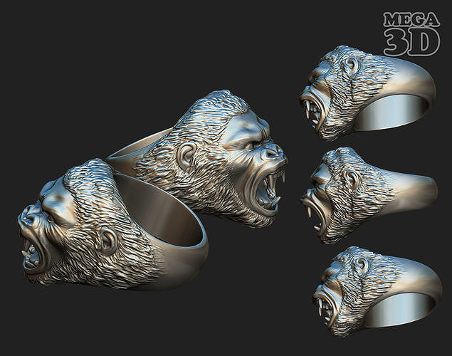 gorilla squillare 220913 stampa artcam arte gioiello anelli gioielleria nuziale uomini maschio moda King Kong kong argento stampabile 3D print model - Mito3D