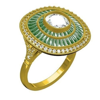 green baguette antique art deco engagement ring jewelry gold gem precious round diamond jewel 3d cad design printable customize wedding rings 3d print model - Mito3D
