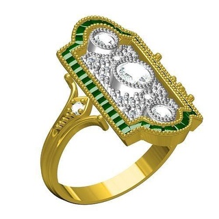 green baguette three stone art deco wedding bride ring gold jewelry gem printable silver diamond 3d cad design customize rings 3d print model - Mito3D