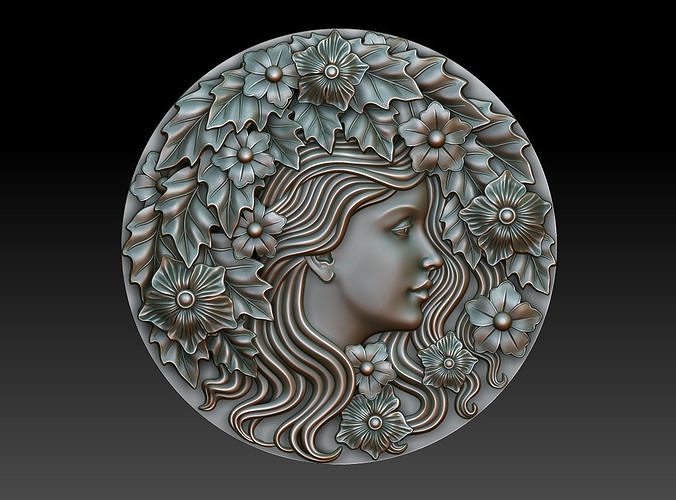 greenlady 6 cnc printing relief decor milling artcam art engraving basrelief woodworking walldecor green woman wooden flora head medalion nature jewelry pendants 3D print model - Mito3D