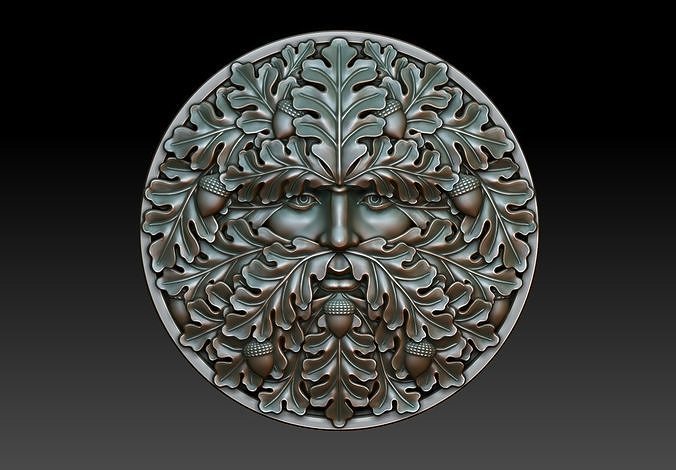 homme vert 8 soulagement décor fraisage bijoux artcam art gravure bas relief travail bois décoration murale pendentif médaillon tête forêt nature chêne feuille gland pendentifs 3D print model - Mito3D