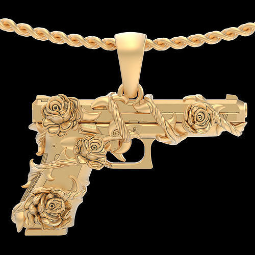 pistolet glock fleur pendentif argent or imprimable bijoux 3d balle armée arme militaire mode fantaisie Collier pendentifs 3D print model - Mito3D