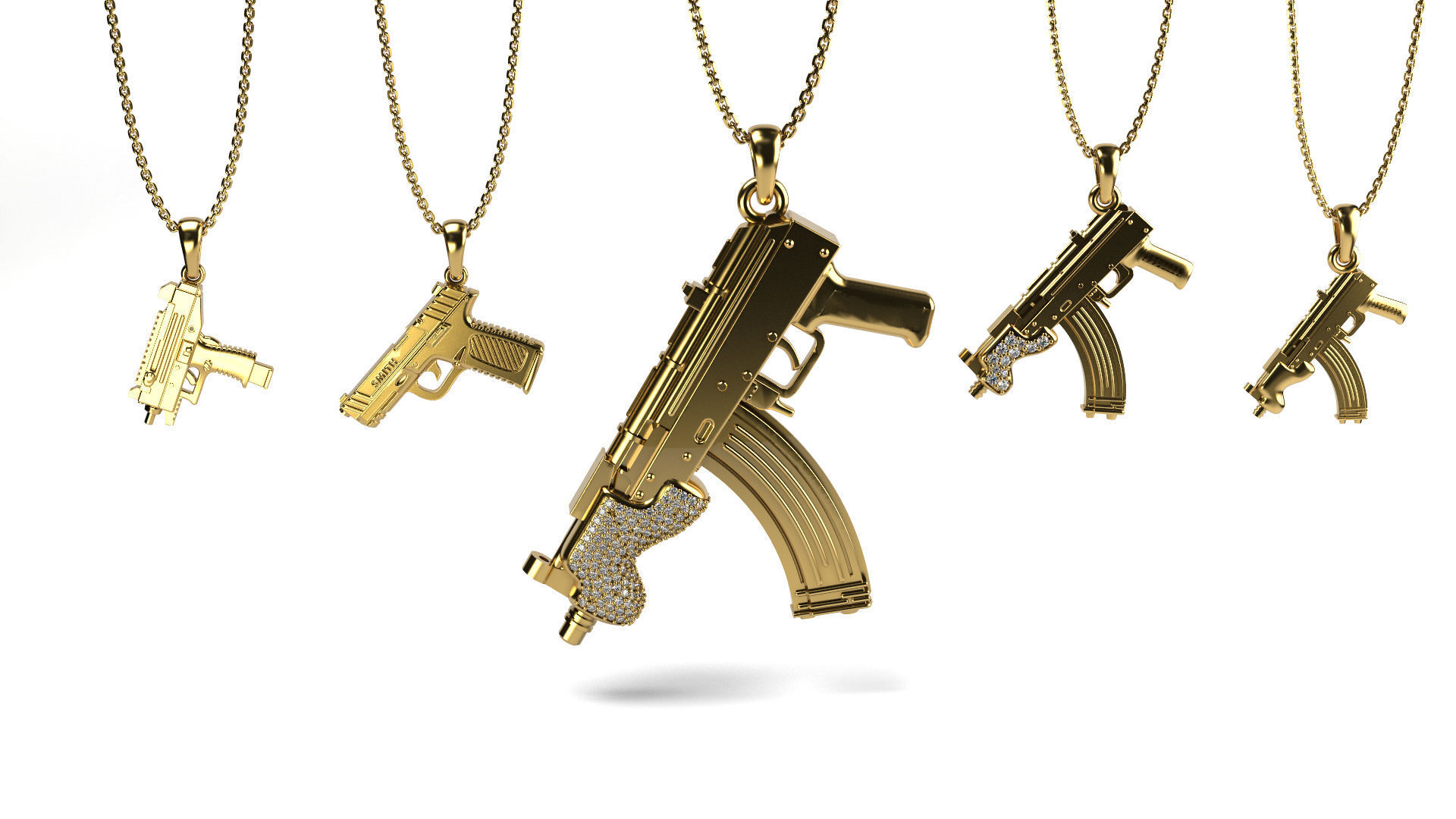 gun pendant bundle gold silver yellow white gems printable jewelry pendants guns diamond 3D print model - Mito3D