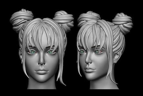 hair 11 cute wig mesh print salon headwear head realistic hairstyle sculpture character woman double bun girl art 3d print model - Mito3D