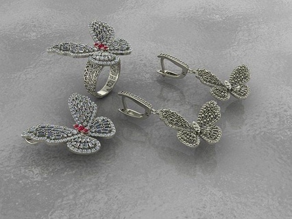 half set papillon ensemble imprimable bijoux diamant dédouanement bague pendentif pendentifs effrayer or mariage baguette mouche mode argent gemme 3d print model - Mito3D