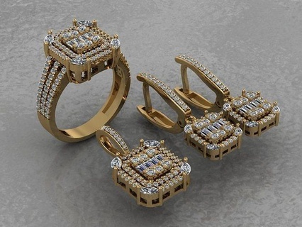 half-set jewelry set gold diamond pendant fashion earring necklace beauty jewellery brilliant carti jewel baguette halfset jewelri gem silver white sterling 3d print model - Mito3D
