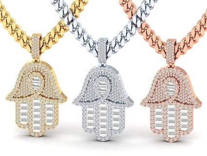 hamsa main baguettes bijoux pendentifs or argent pendentif imprimable diamant collier gemme diamanthamsamain bijou 3d print model - Mito3D