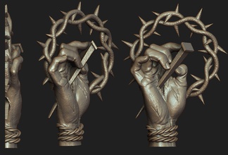 la main de jésus pendentif art croix crucifix dieu des ongles les épines couronne saint catholique chrétienne médaillon bijoux sculptures 3d print model - Mito3D