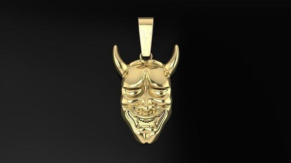 hannya mask pendant 30mm mid size bell jewelry chain necklace japanese mix style hip hop trends fashion unisex men women pendants 3d print model - Mito3D