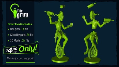 harlequin woman riding unicycle clown carnival ride masquerade jester humor body funny cartoon art sculptures 3d print model - Mito3D