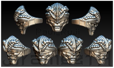 tête de bouclier quatre corne l'anneau bijoux d'argent or l'homme visage les anneaux 3d print model - Mito3D