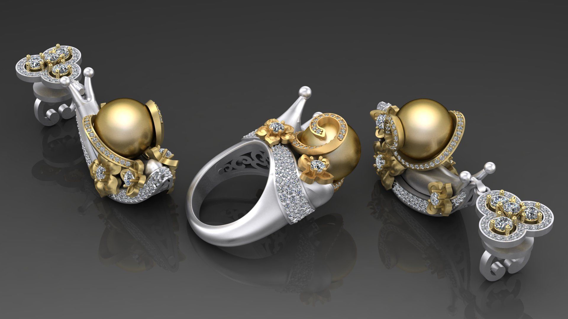 auricolare lumache gioielleria lusso pendente orecchini squillare perla diamanti pietre oro argento gioiello gemma diamante moda d'oro esclusivo arte 3D print model - Mito3D