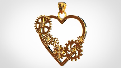 heart gears pendant cogwheels diamonds steampunk jewelry gold golden pendants 3d print model - Mito3D