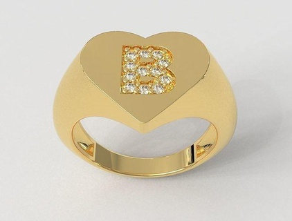 heart ring - diamond letter b rings gold jewelry pauloranieri trendy fashion modern silver alphabet font love 3d print model - Mito3D