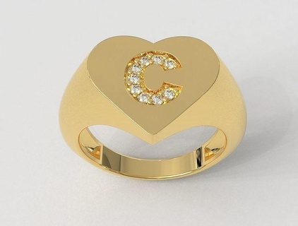 heart ring - diamond letter c rings gold jewelry pauloranieri trendy fashion modern alphabet font inittial love 3d print model - Mito3D