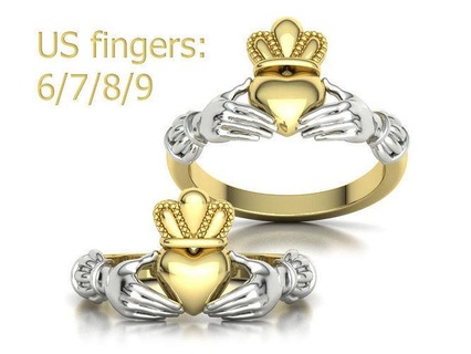 heavy twotone claddagh ring friendship heart 3dmodel jewelry royalty crown irish band printable ireland hearts design usa canada europe belguim united states lost wax 3d rings 3d print model - Mito3D