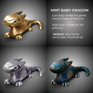 high-poly low-poly statue mint baby dragon lowpoly fantasy art creature games miniatures monster toys animals animal figurines body cartoon character game fictional 3dprinting gameready lighttracerrencer highpoly 3d print model - Mito3D