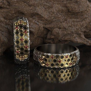 panal anillo 3dprinted diseño Moda oro dorado joya joyería impresión imprimible prototipos panales abeja sienta anillos 3d print model - Mito3D