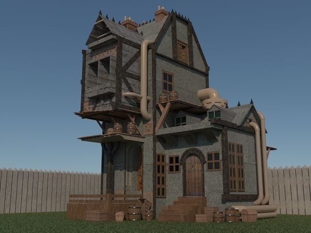 house model steampunk outdoor exterior architecture building old home village scene game rural urban 3dsmax residential space single light fur grass crate 3D print model - Mito3D