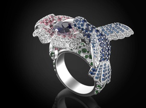 colibri bague boucheron oiseau gemme diamant or bijoux anneaux fleur saphir 3d print model - Mito3D
