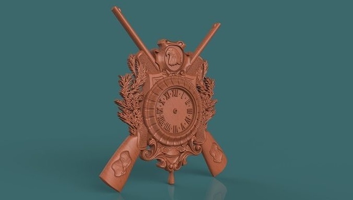 hunting wall clock house watch wallclock time carved carving interior housedecor woodclock accessories shutgun gun hunt 3d print model - Mito3D