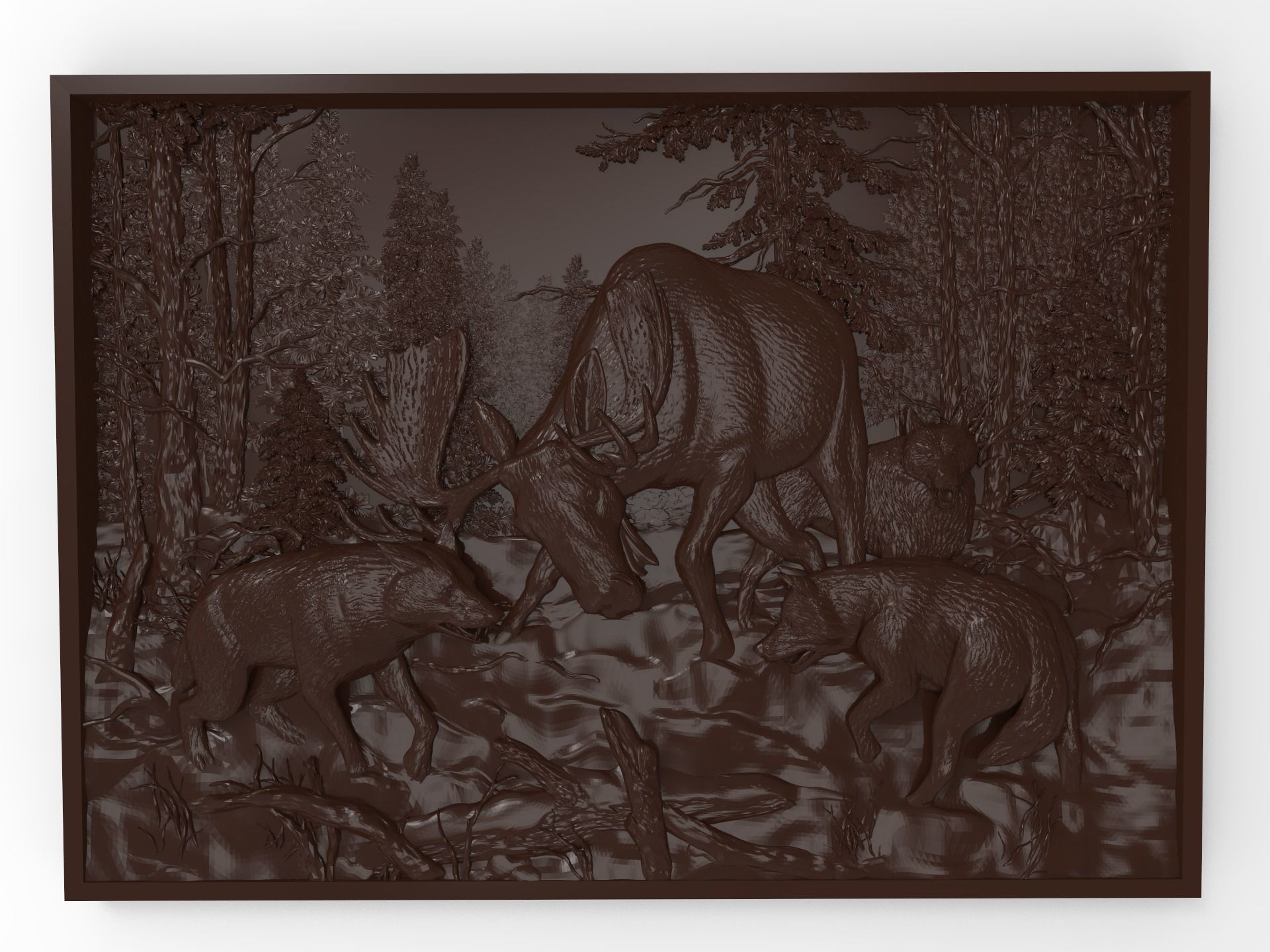 hunting wolf pack bas-relief Kunst auf die Jagd bas Erleichterung Skulptur cnc carving Schimmel 3d drucken bedruckbar ist Tier wild Wölfe elk Wald obj stl Skulpturen 3D print model - Mito3D