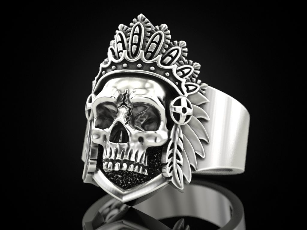 indian skull ring wildwest america man red jewelry 3dprinted jewellery printable rings design jewel printing prototyping silver biker blackening texture 3D print model - Mito3D