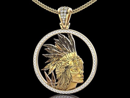 indian warrior woman pendant gold jewelry printable 3d model iranian necklace sterling silver wedding engagement fashion beauty zbrush design statue sculpture pendants 3d print model - Mito3D