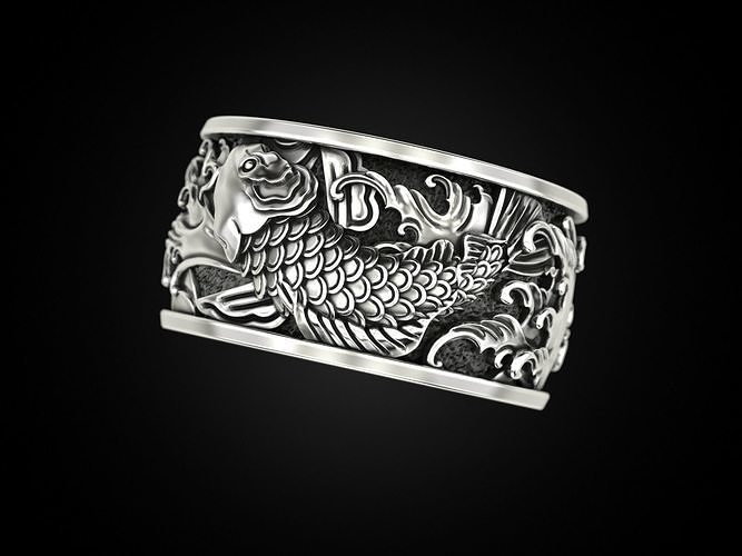 giapponese carpa onde pesce tatuaggio giappone gioielleria stampa 3dprinted stampabile anelli design squillare prototipazione argento motociclista annerimento struttura 3D print model - Mito3D
