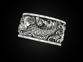 japonais carpe vagues poisson tatouage japon bijoux impression 3dprinted imprimable anneaux conception bague prototypage argent motard noircissement texture 3d print model - Mito3D