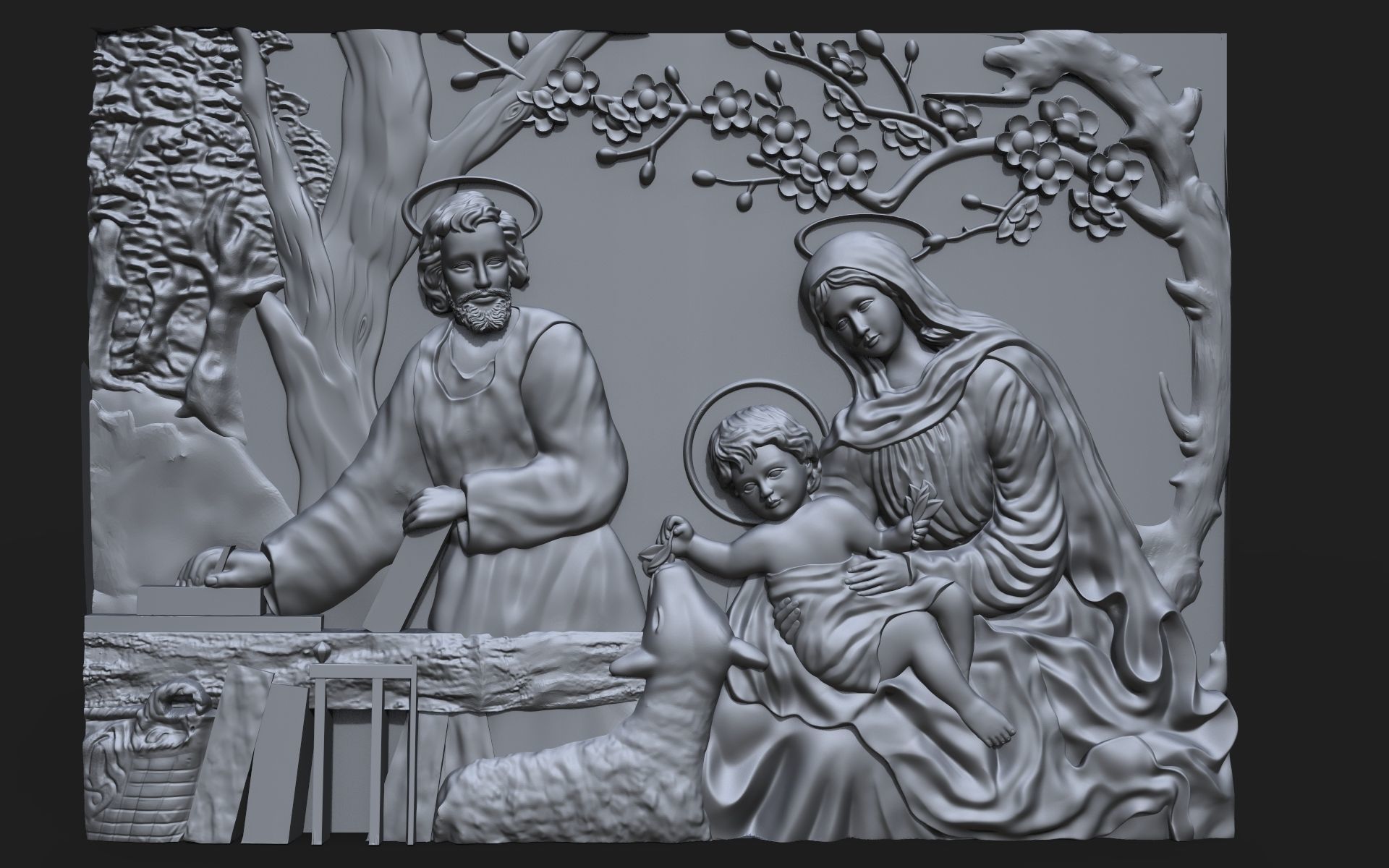 jesus birth mary joseph bas relief cnc christ christmas sculpture child parents lamb printable 3d print carving zbrush stl obj art sculptures 3D print model - Mito3D