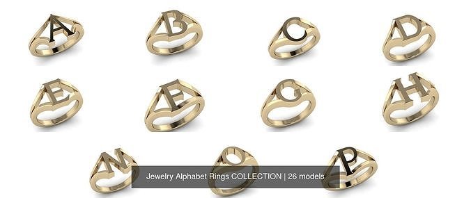 bijoux alphabet anneaux collection lettre or Police caractère argent imprimable bague gemme Signature 3D print model - Mito3D