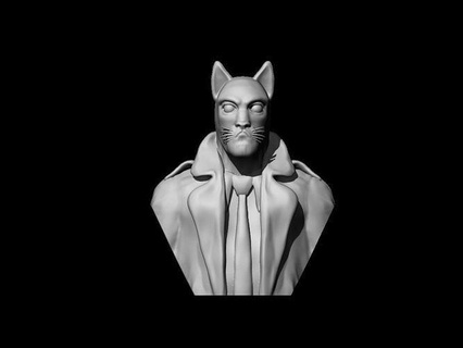 Juan negro triste figurilla cómic gato detective estatua imprimible dibujos animados figura policía crimen animal Arte 3d print model - Mito3D
