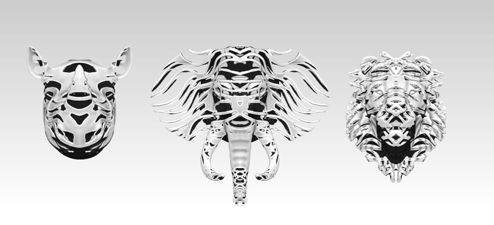 giungla safari impostato filo telaio elefante leone rinoceronte wireframe stampabile animale stampa arte design testa decorazione natura tatuaggio tigre gatto cranio gioiello gemma sculture 3D print model - Mito3D