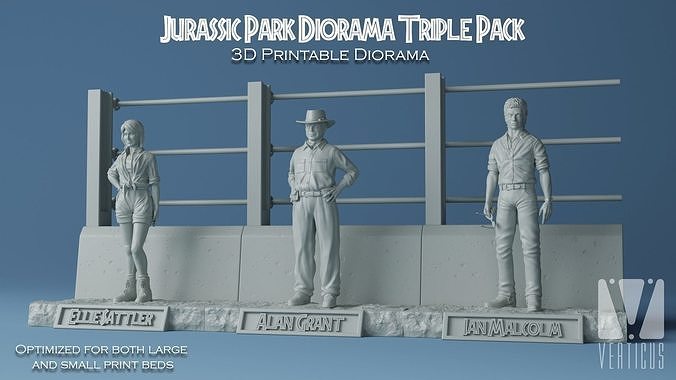 jurásico parque personaje diorama 3d impresión triple paquete ellie talabartero dinosaurio laura dern esculpir esculturas alan conceder sam neill ian malcolm jeff goldblum arte 3D print model - Mito3D