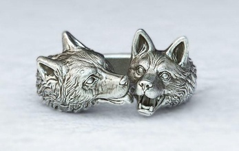 kissing dogs dog puppy lovely love wedding inlove kiss animal ring jewelry silver gold printable adjustable cute smile collie wolf sculpture shepherd rings 3d print model - Mito3D