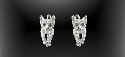 chaton boucles d'oreilles bijoux chat animal diamant imprimable minou pierres argent or bijou gemme 3d print model - Mito3D