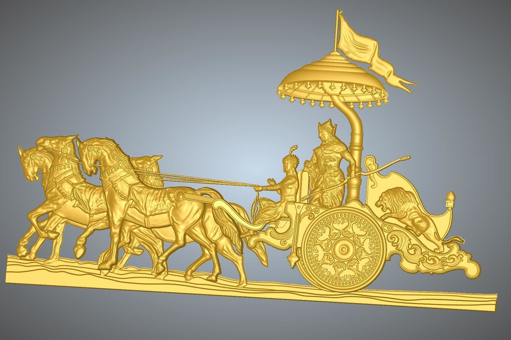 krishna arjuna chariot bhagwad geeta lord mahabharat rath horse flag agni india artcam hanuman lion chakra horses bharat art sculptures 3D print model - Mito3D