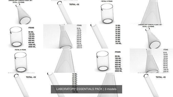 laboratory essentials pack 3dprint biology student medical equipment clinic research science health classroom academy micro chemistry molecule doctor patient nurse hospital kids scifi glass design 3dprintable beaker flask testtube toys capacity litre test tube 3d print model - Mito3D