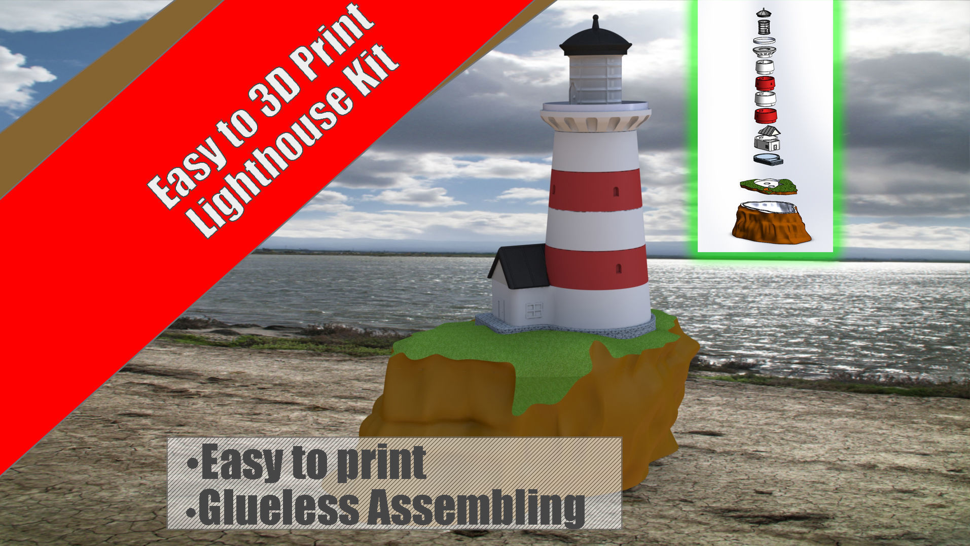 lighthouse easy 3d print kit glueless house architecture interior decor lamp diy nosupport assembly toy game games toys 3D print model - Mito3D