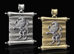 lion-heraldic-with parchment jewelry stl printable pendant pendants gold silver platinum animal sterling stylish fashion 3d men women lion heraldic sample paper 3d print model - Mito3D