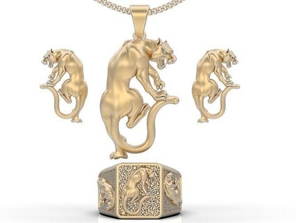 Lion boucles d'oreilles bague pendentif imprimable bijoux argent 3d modèle puma chat tigre panthère léopard Bengale boucle d'oreille or sterling Collier mode luxe pendentifs 3d print model - Mito3D