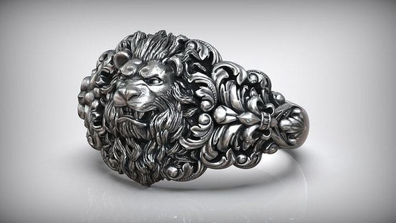 lion head baroque pattern royal fleur lis unisex ring lily animal king sculpture flower printable wild brutal stylish j3ds rococo jewelry rings 3d print model - Mito3D